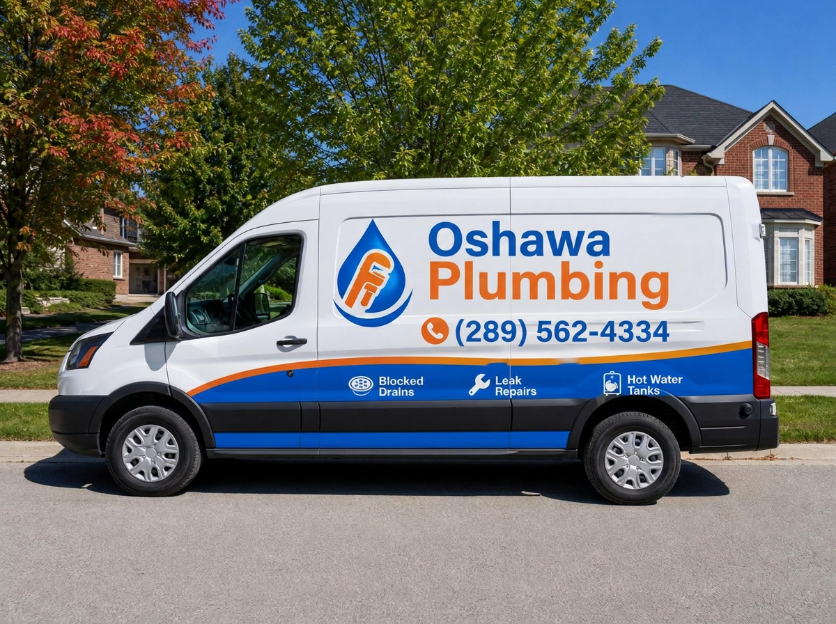 Oshawa Plumbing service van parked on a residential Oshawa street